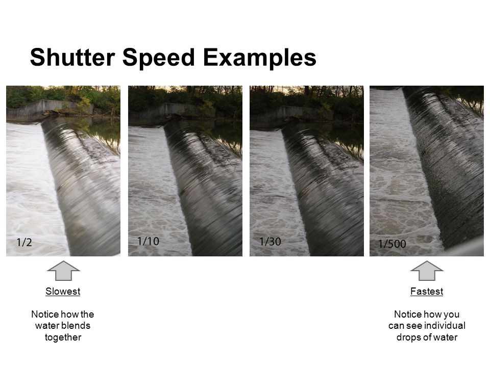 Shutter Speed Examples Slowest Notice how the water blends together Fastest Notice how you can see individual drops of water