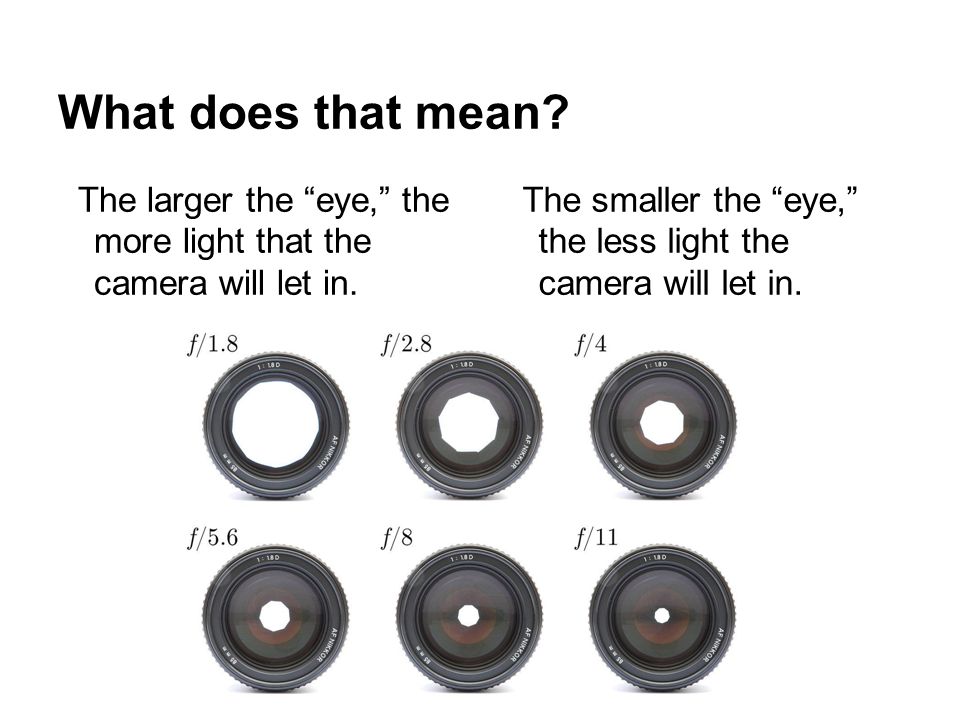 What does that mean. The larger the eye, the more light that the camera will let in.