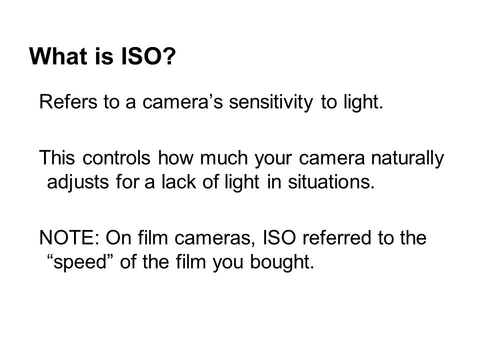 What is ISO. Refers to a camera’s sensitivity to light.