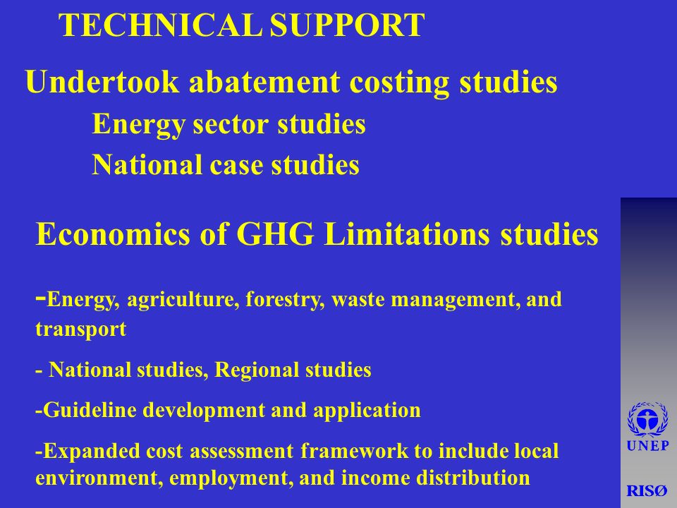 TECHNICAL SUPPORT Undertook abatement costing studies Energy sector studies National case studies Economics of GHG Limitations studies - Energy, agriculture, forestry, waste management, and transport - National studies, Regional studies -Guideline development and application -Expanded cost assessment framework to include local environment, employment, and income distribution
