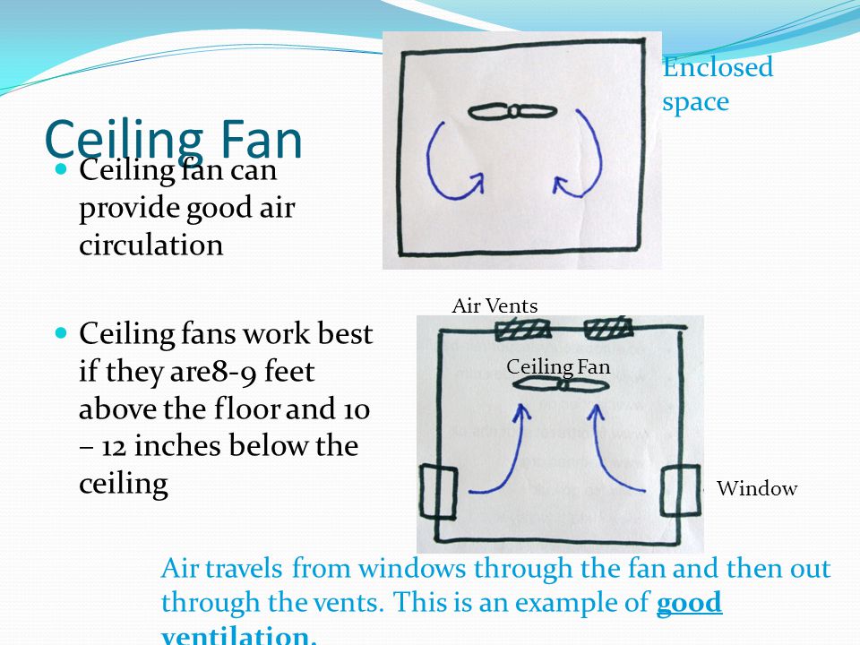 Ceiling fan can provide good air circulation Ceiling fans work best if they are8-9 feet above the floor and 10 – 12 inches below the ceiling Air travels from windows through the fan and then out through the vents.