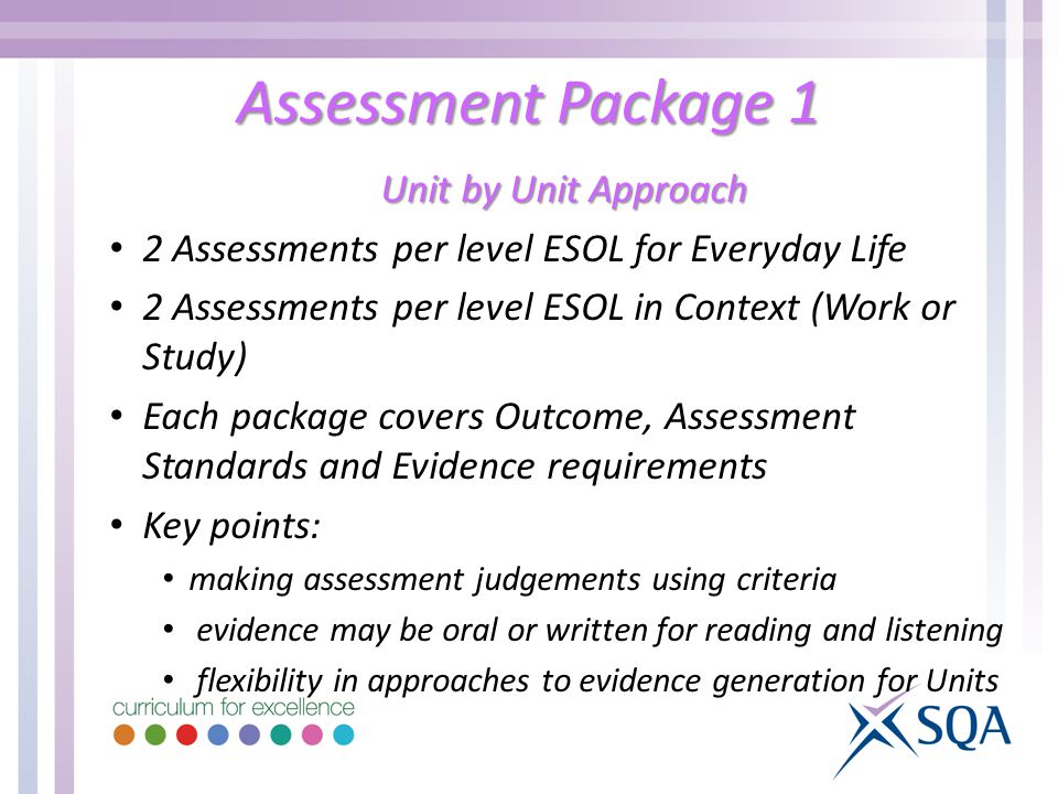 Assessment Package 1 Unit by Unit Approach 2 Assessments per level ESOL for Everyday Life 2 Assessments per level ESOL in Context (Work or Study) Each package covers Outcome, Assessment Standards and Evidence requirements Key points: making assessment judgements using criteria evidence may be oral or written for reading and listening flexibility in approaches to evidence generation for Units