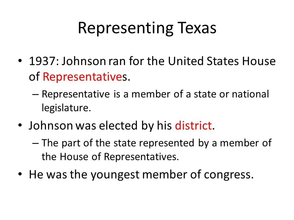 Representing Texas 1937: Johnson ran for the United States House of Representatives.