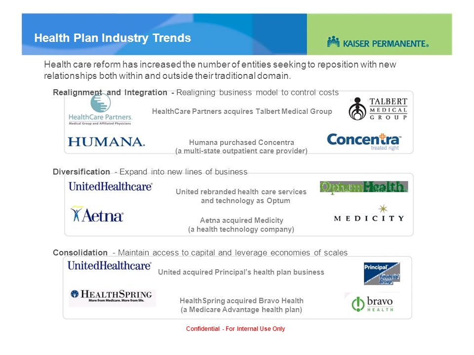 Health Plan Industry Trends Health care reform has increased the number of entities seeking to reposition with new relationships both within and outside their traditional domain.