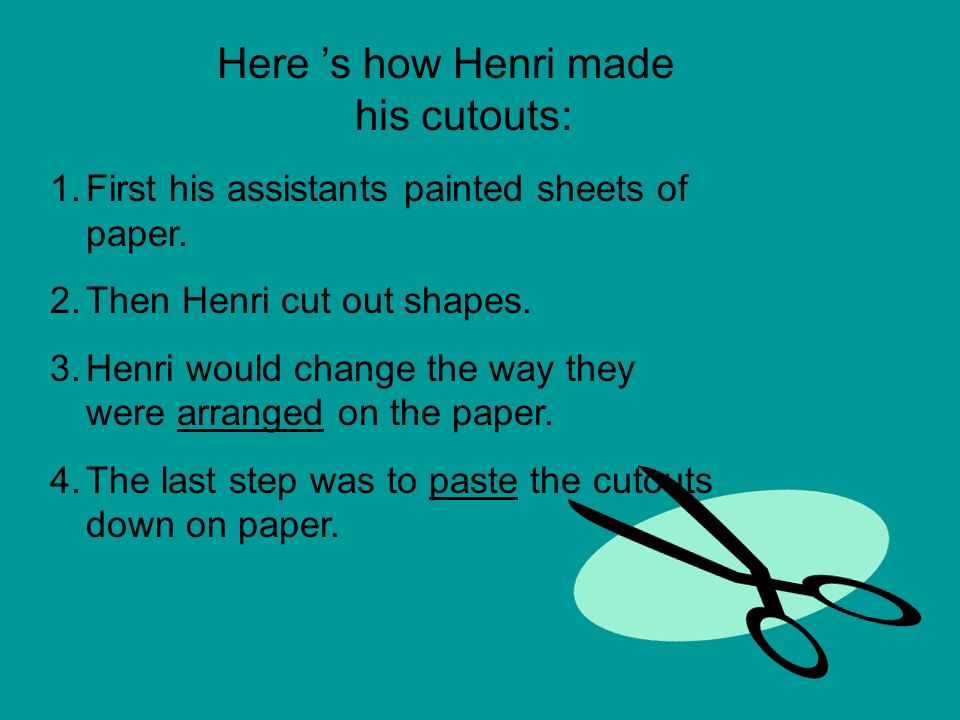 Here ’s how Henri made his cutouts: 1.First his assistants painted sheets of paper.