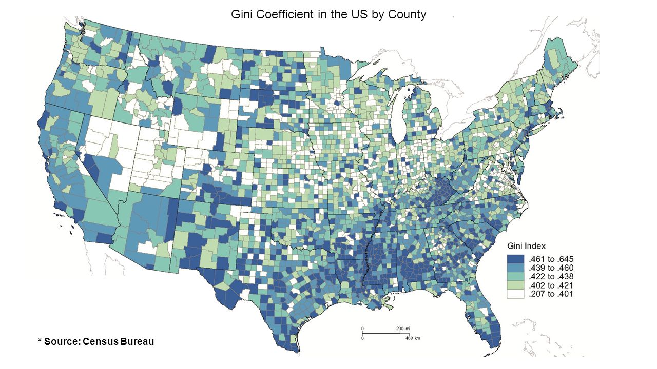 Gini Coefficient in the US by County * Source: Census Bureau