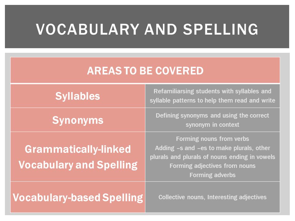 VOCABULARY AND SPELLING AREAS TO BE COVERED Syllables Refamiliarsing students with syllables and syllable patterns to help them read and write Synonyms Defining synonyms and using the correct synonym in context Grammatically-linked Vocabulary and Spelling Forming nouns from verbs Adding –s and –es to make plurals, other plurals and plurals of nouns ending in vowels Forming adjectives from nouns Forming adverbs Vocabulary-based Spelling Collective nouns, Interesting adjectives