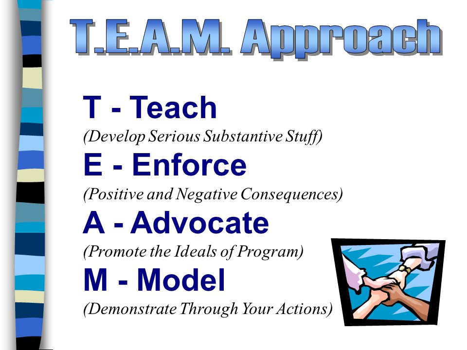 T - Teach (Develop Serious Substantive Stuff) E - Enforce (Positive and Negative Consequences) A - Advocate (Promote the Ideals of Program) M - Model (Demonstrate Through Your Actions)