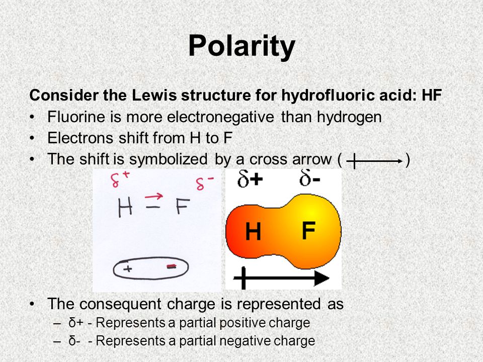 Polarity Consider the Lewis structure for hydrofluoric acid: HF Fluorine is more electronegative than hydrogen Electrons shift from H to F The shift is symbolized by a cross arrow ( ) The consequent charge is represented as –δ+ - Represents a partial positive charge –δ- - Represents a partial negative charge