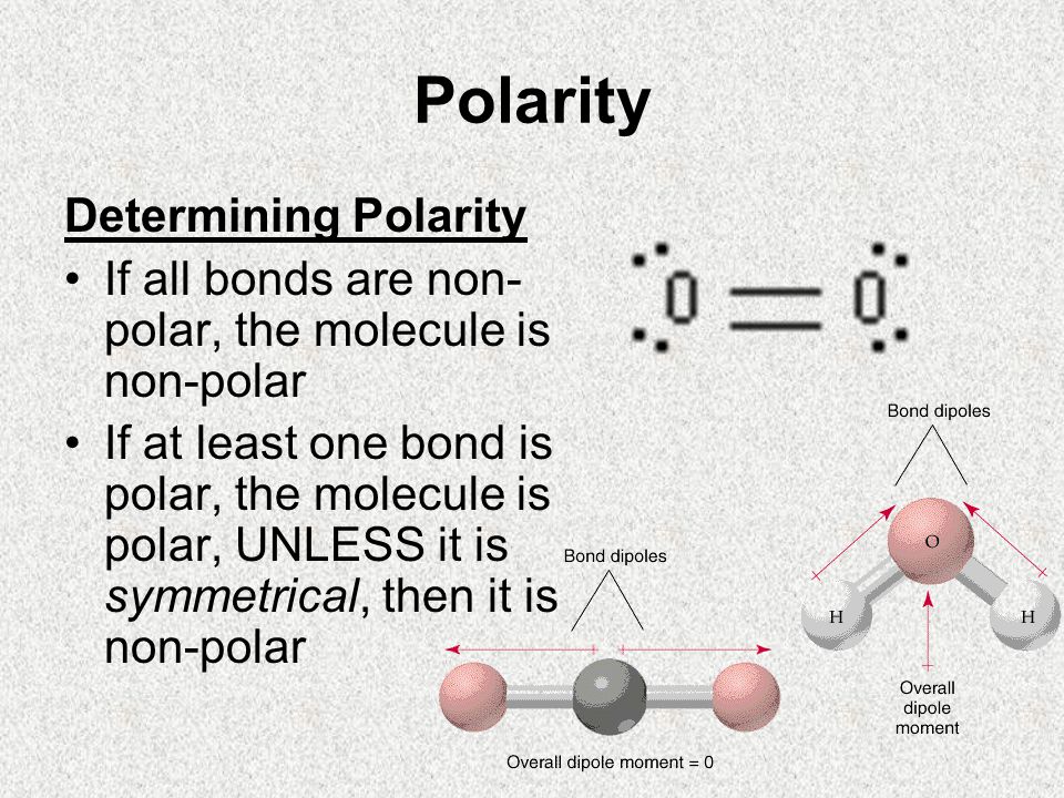 Polarity Determining Polarity If all bonds are non- polar, the molecule is non-polar If at least one bond is polar, the molecule is polar, UNLESS it is symmetrical, then it is non-polar