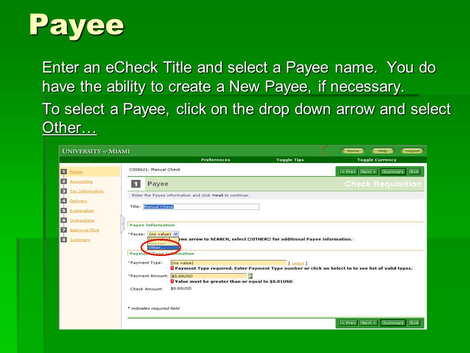 Payee Enter an eCheck Title and select a Payee name.