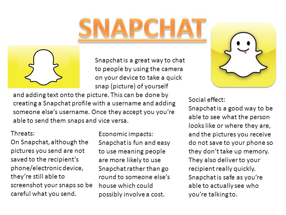 Snapchat is a great way to chat to people by using the camera on your device to take a quick snap (picture) of yourself and adding text onto the picture.