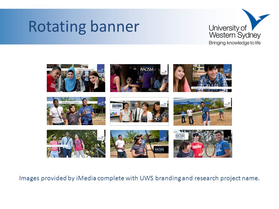 Rotating banner Images provided by iMedia complete with UWS branding and research project name.