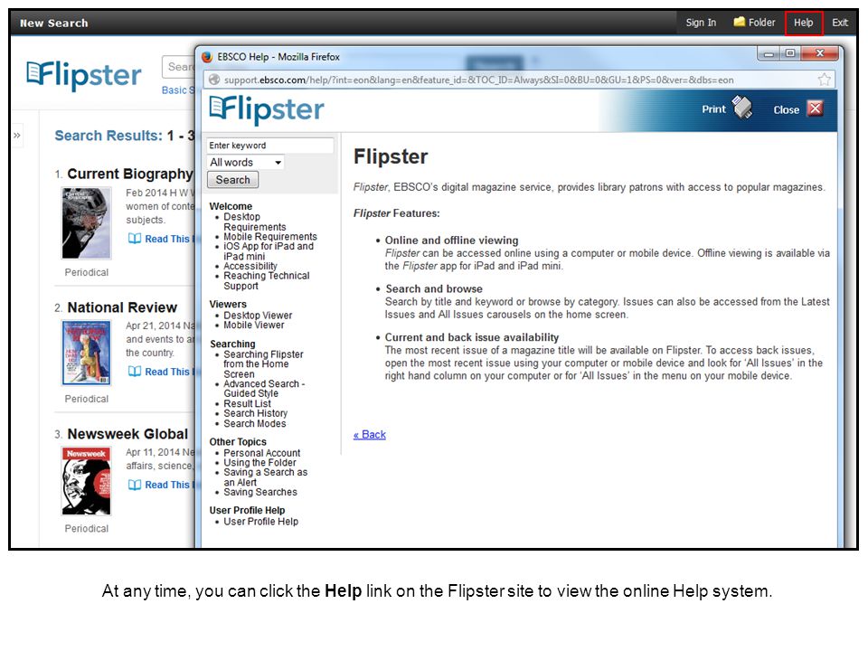 At any time, you can click the Help link on the Flipster site to view the online Help system.
