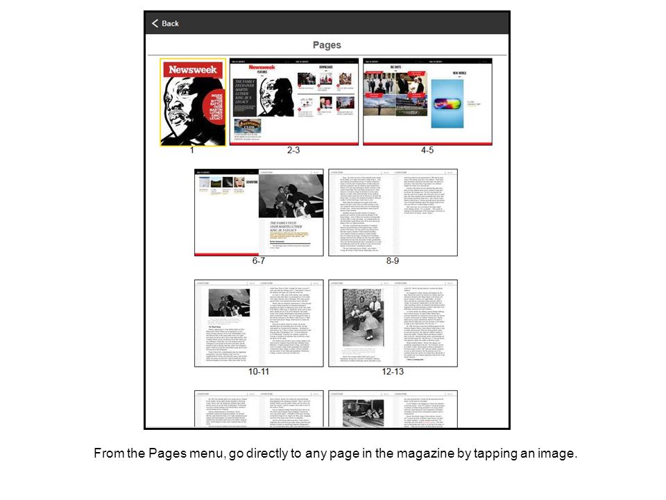From the Pages menu, go directly to any page in the magazine by tapping an image.