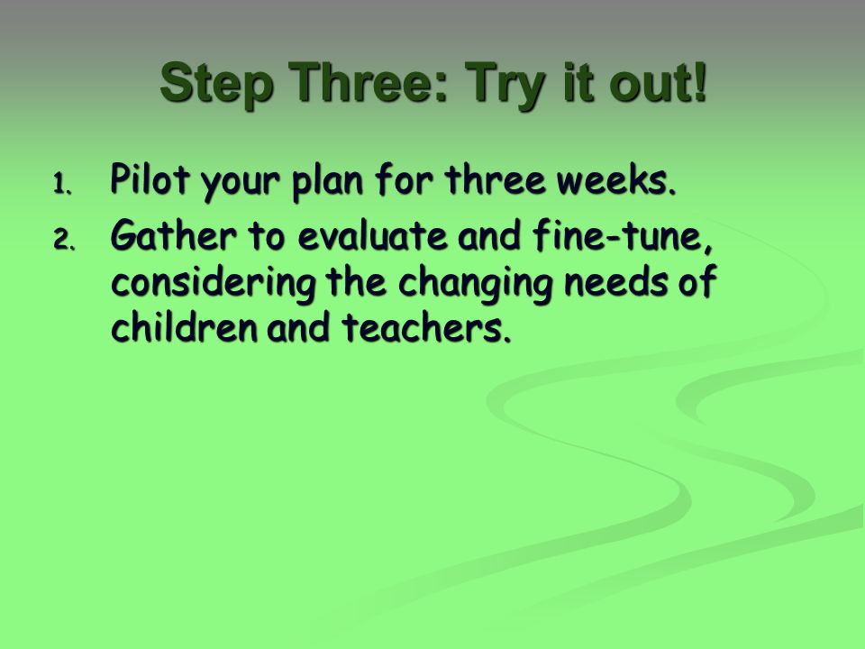 Step Three: Try it out. 1. Pilot your plan for three weeks.