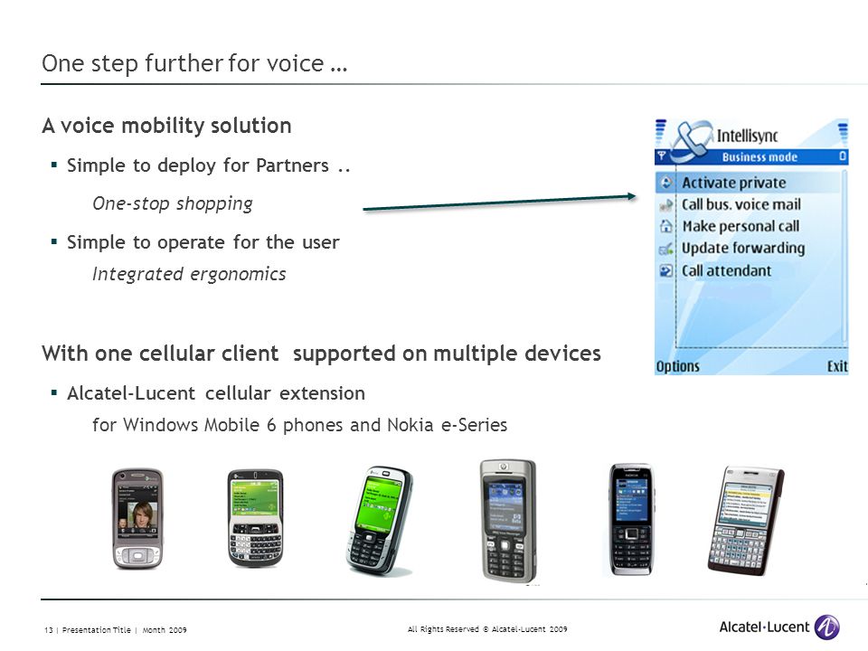 All Rights Reserved © Alcatel-Lucent | Presentation Title | Month 2009 A voice mobility solution  Simple to deploy for Partners..