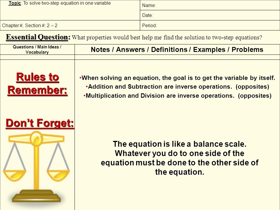 Eoc Practice Home Learning Assignment 4 Review Ppt Download Questions Main Ideas Vocabulary Notes Answers Definitions Examples Problems Topic 5 Of Two Step Equations