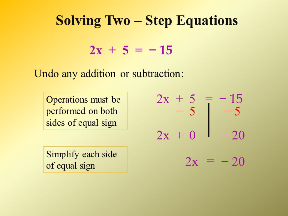 Solving Two – Step Equations Determine the mathematical operations being performed on the variable.