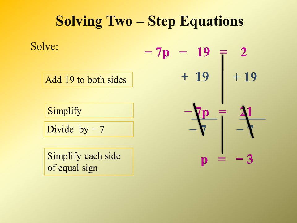 Solving Two – Step Equations − 8 = − 10 Add 8 to both sides Simplify each side of equal sign = − Multiply by Simplify each side of equal sign x = − 8 x = − 8 Solve: 4x 4x