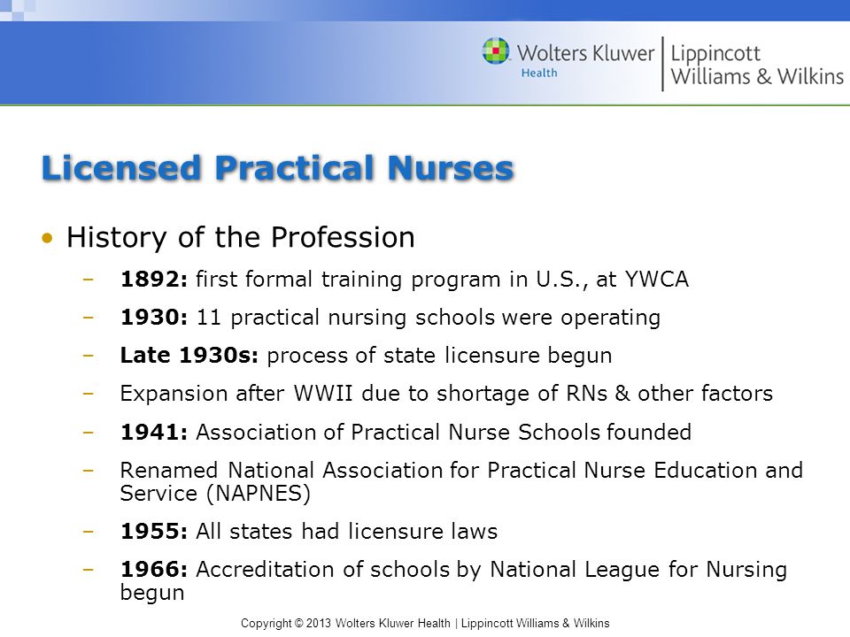 Copyright © 2013 Wolters Kluwer Health | Lippincott Williams & Wilkins Licensed Practical Nurses History of the Profession –1892: first formal training program in U.S., at YWCA –1930: 11 practical nursing schools were operating –Late 1930s: process of state licensure begun –Expansion after WWII due to shortage of RNs & other factors –1941: Association of Practical Nurse Schools founded –Renamed National Association for Practical Nurse Education and Service (NAPNES) –1955: All states had licensure laws –1966: Accreditation of schools by National League for Nursing begun