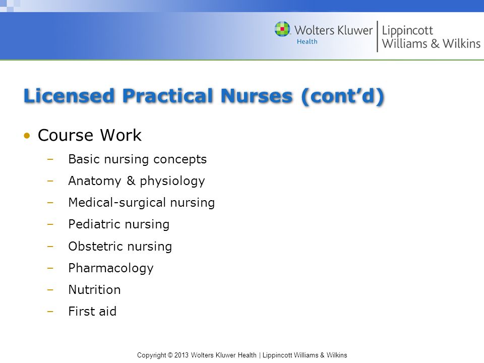 Copyright © 2013 Wolters Kluwer Health | Lippincott Williams & Wilkins Licensed Practical Nurses (cont’d) Course Work –Basic nursing concepts –Anatomy & physiology –Medical-surgical nursing –Pediatric nursing –Obstetric nursing –Pharmacology –Nutrition –First aid