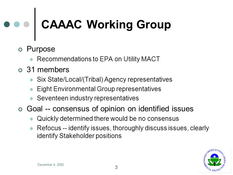 December 4, CAAAC Working Group Purpose Recommendations to EPA on Utility MACT 31 members Six State/Local/(Tribal) Agency representatives Eight Environmental Group representatives Seventeen industry representatives Goal -- consensus of opinion on identified issues Quickly determined there would be no consensus Refocus -- identify issues, thoroughly discuss issues, clearly identify Stakeholder positions