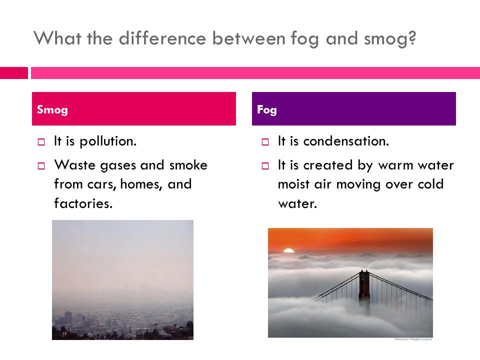 What the difference between fog and smog.  It is pollution.