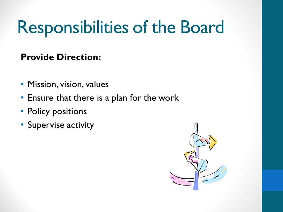 Responsibilities of the Board Provide Direction: Mission, vision, values Ensure that there is a plan for the work Policy positions Supervise activity
