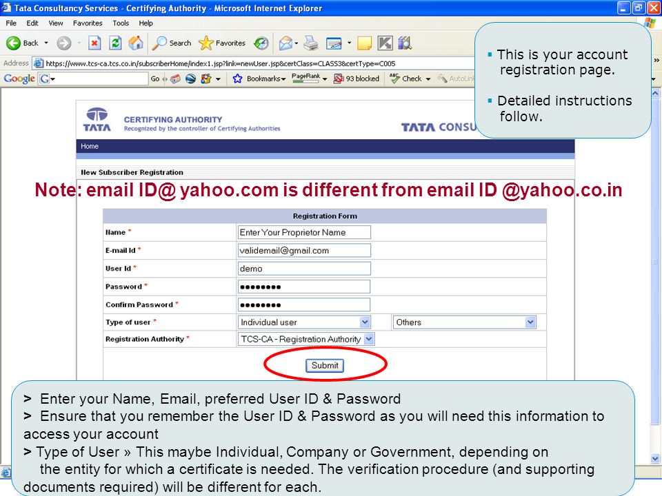 Note:  yahoo.com is different from   This is your account registration page.