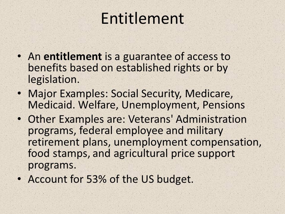Entitlement An entitlement is a guarantee of access to benefits based on established rights or by legislation.