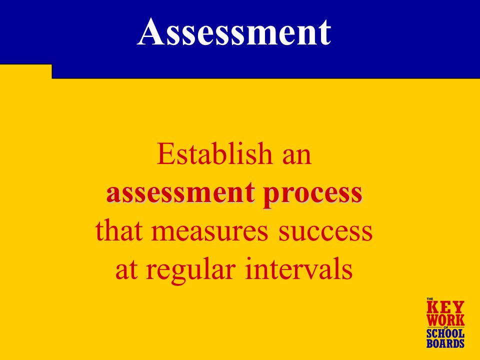 Establish an assessment process that measures success at regular intervals Assessment