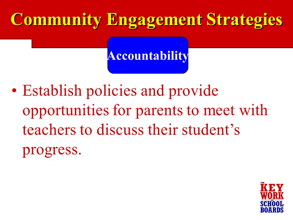 Community Engagement Strategies Accountability Establish policies and provide opportunities for parents to meet with teachers to discuss their student’s progress.
