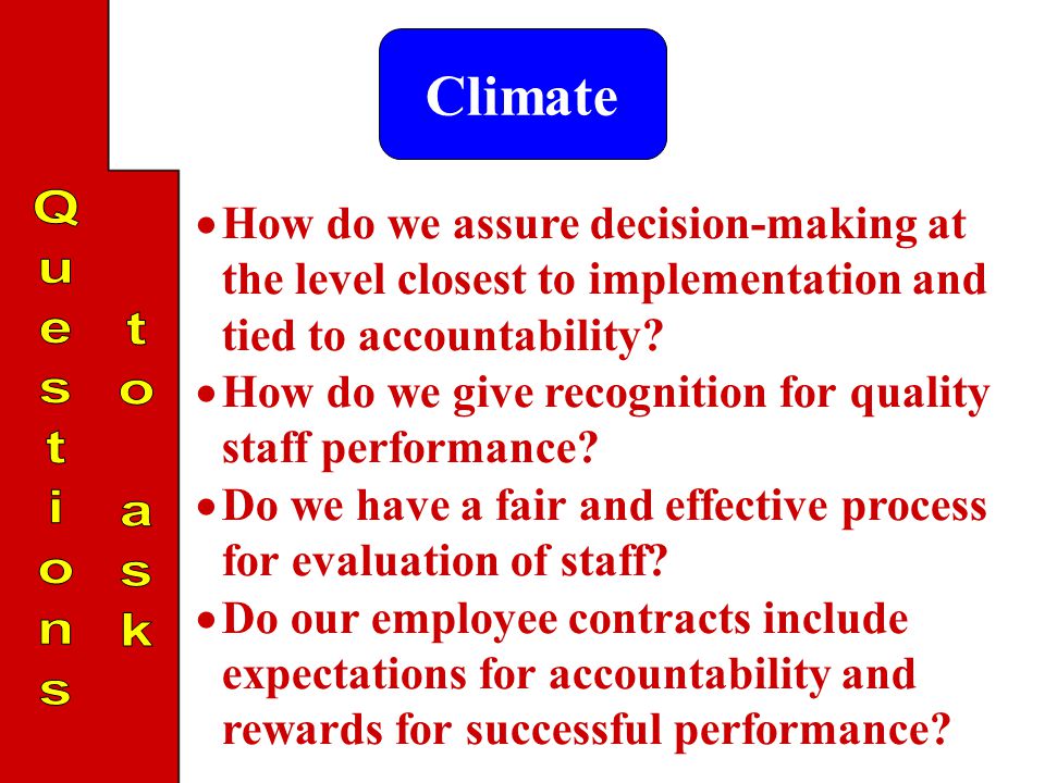 Climate  How do we assure decision-making at the level closest to implementation and tied to accountability.