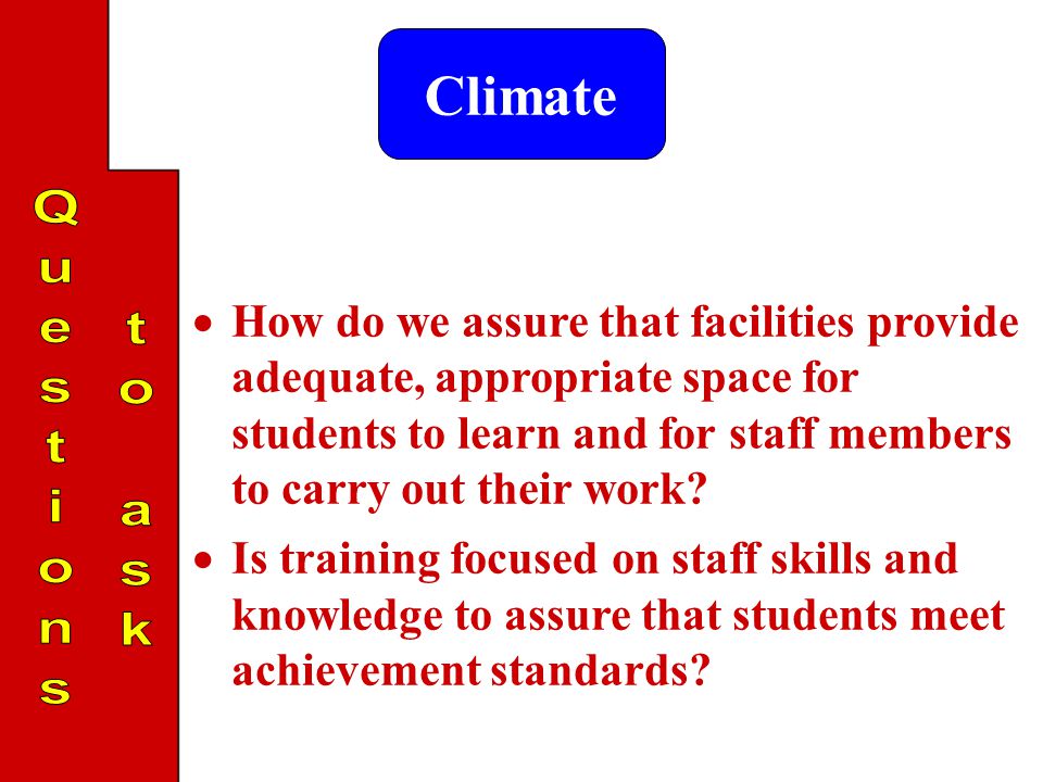 Climate  How do we assure that facilities provide adequate, appropriate space for students to learn and for staff members to carry out their work.