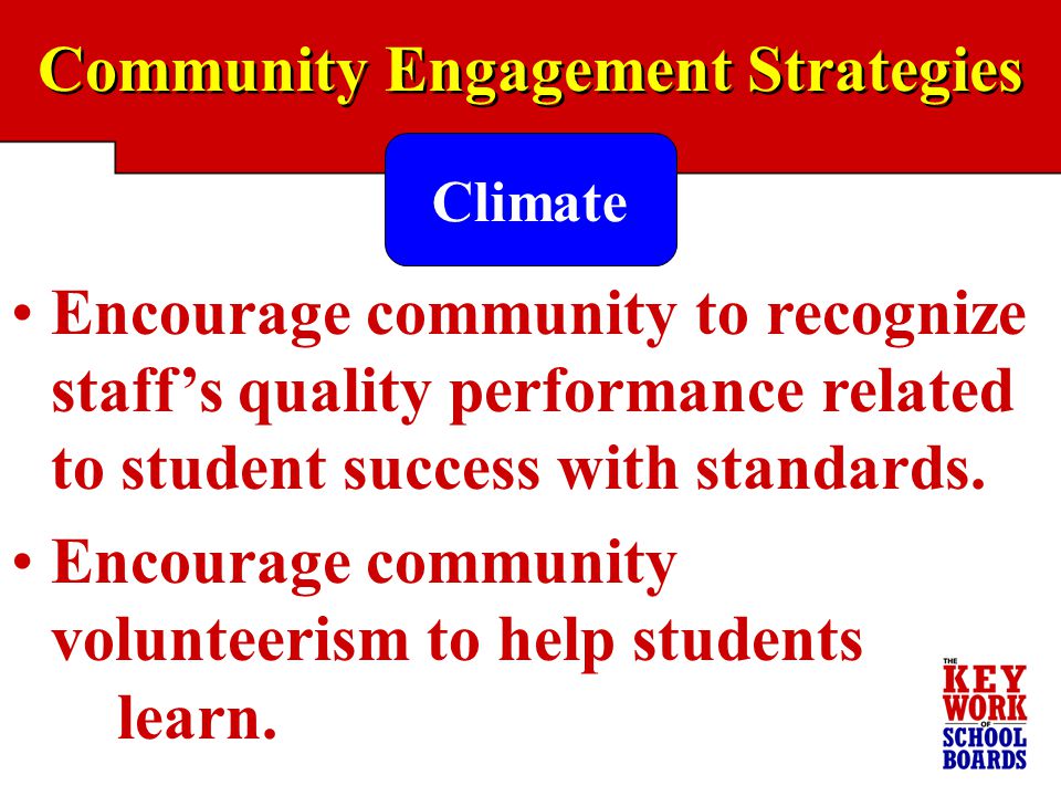 Community Engagement Strategies Encourage community to recognize staff’s quality performance related to student success with standards.