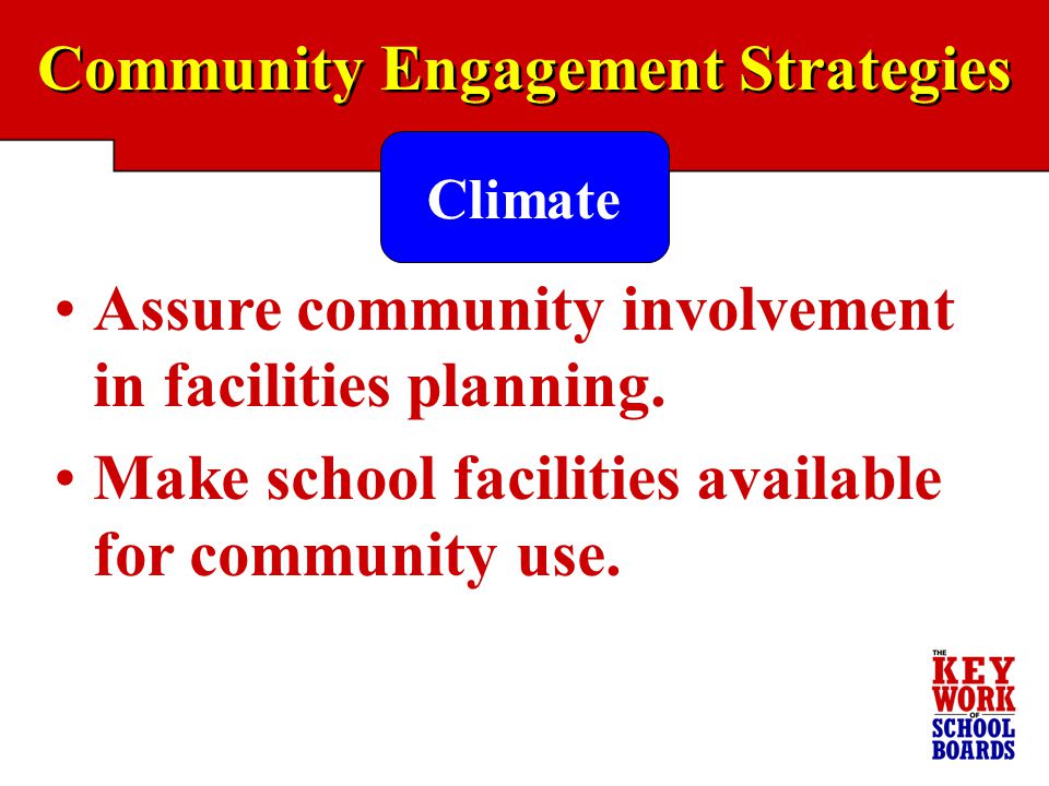 Community Engagement Strategies Assure community involvement in facilities planning.