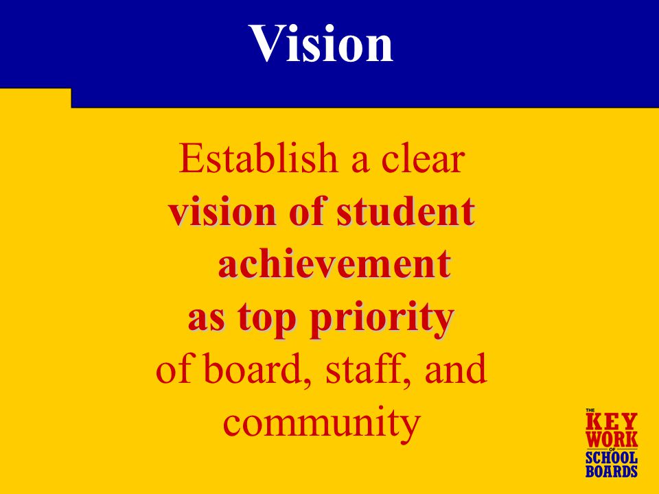 Establish a clear vision of student achievement as top priority of board, staff, and community Vision