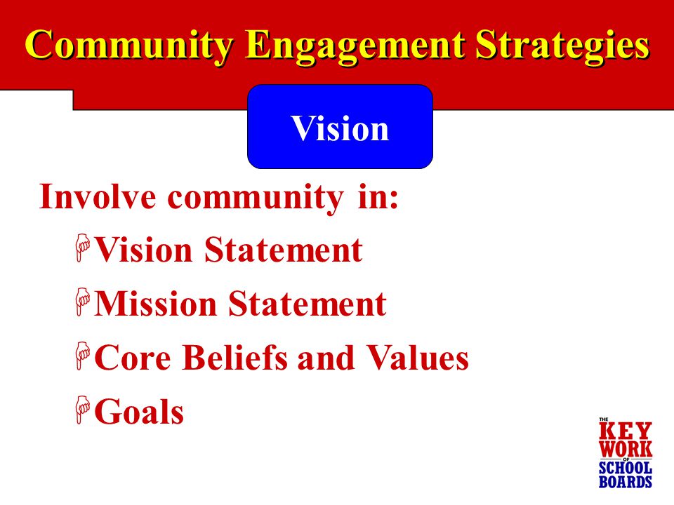 Community Engagement Strategies Involve community in: HVision Statement HMission Statement HCore Beliefs and Values HGoals Vision
