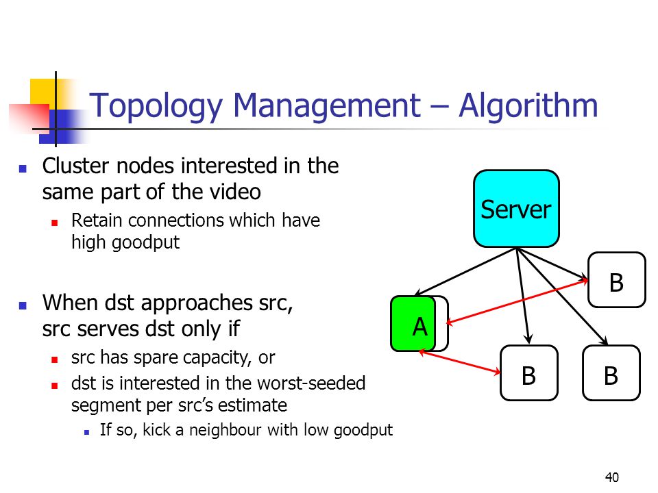 40 Topology Management – Algorithm Cluster nodes interested in the same part of the video Retain connections which have high goodput When dst approaches src, src serves dst only if src has spare capacity, or dst is interested in the worst-seeded segment per src’s estimate If so, kick a neighbour with low goodput Server BB B A