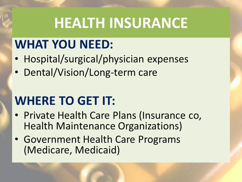 HEALTH INSURANCE WHAT YOU NEED: Hospital/surgical/physician expenses Dental/Vision/Long-term care WHERE TO GET IT: Private Health Care Plans (Insurance co, Health Maintenance Organizations) Government Health Care Programs (Medicare, Medicaid)