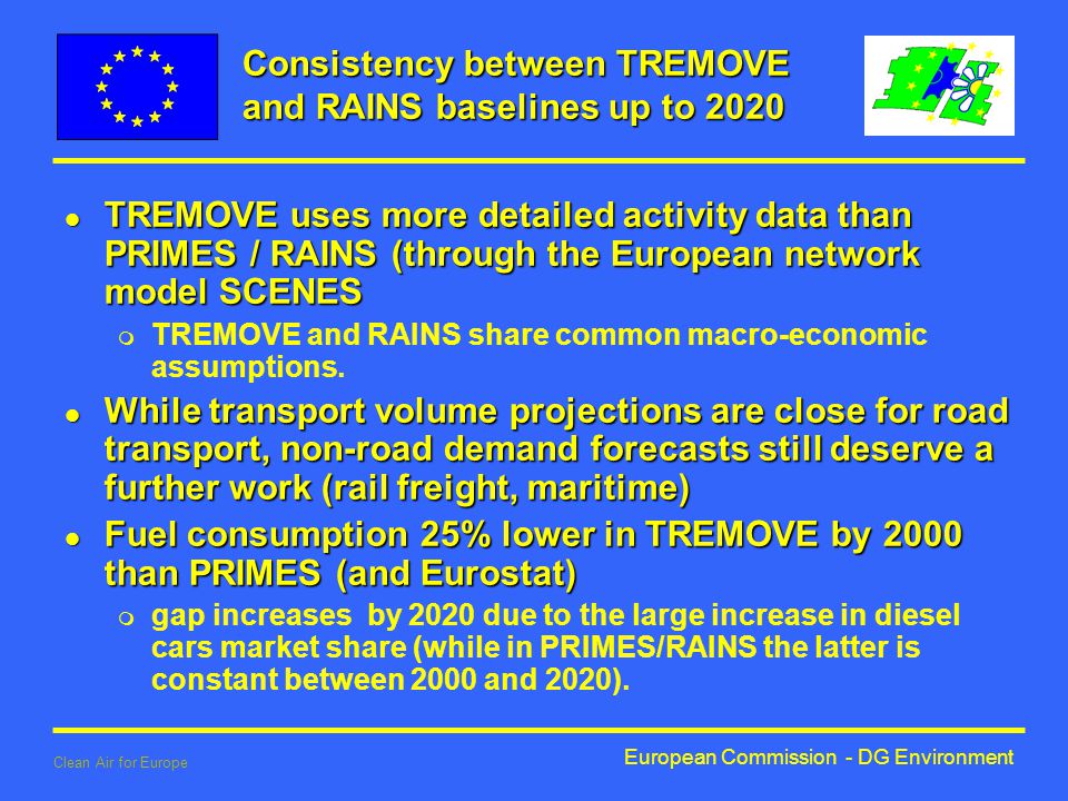 European Commission - DG Environment Clean Air for Europe Consistency between TREMOVE and RAINS baselines up to 2020 l TREMOVE uses more detailed activity data than PRIMES / RAINS (through the European network model SCENES m TREMOVE and RAINS share common macro-economic assumptions.