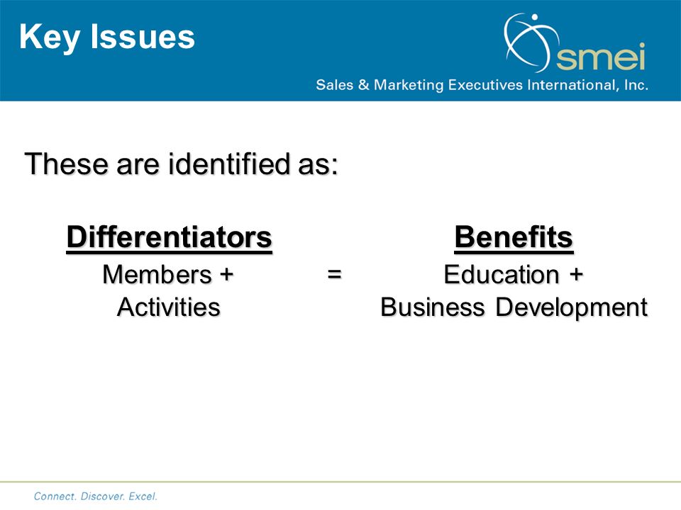 Key Issues These are identified as: DifferentiatorsBenefits Members +=Education + ActivitiesBusiness Development
