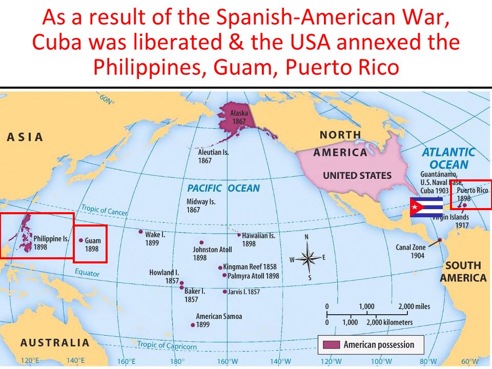 As a result of the Spanish-American War, Cuba was liberated & the USA annexed the Philippines, Guam, Puerto Rico