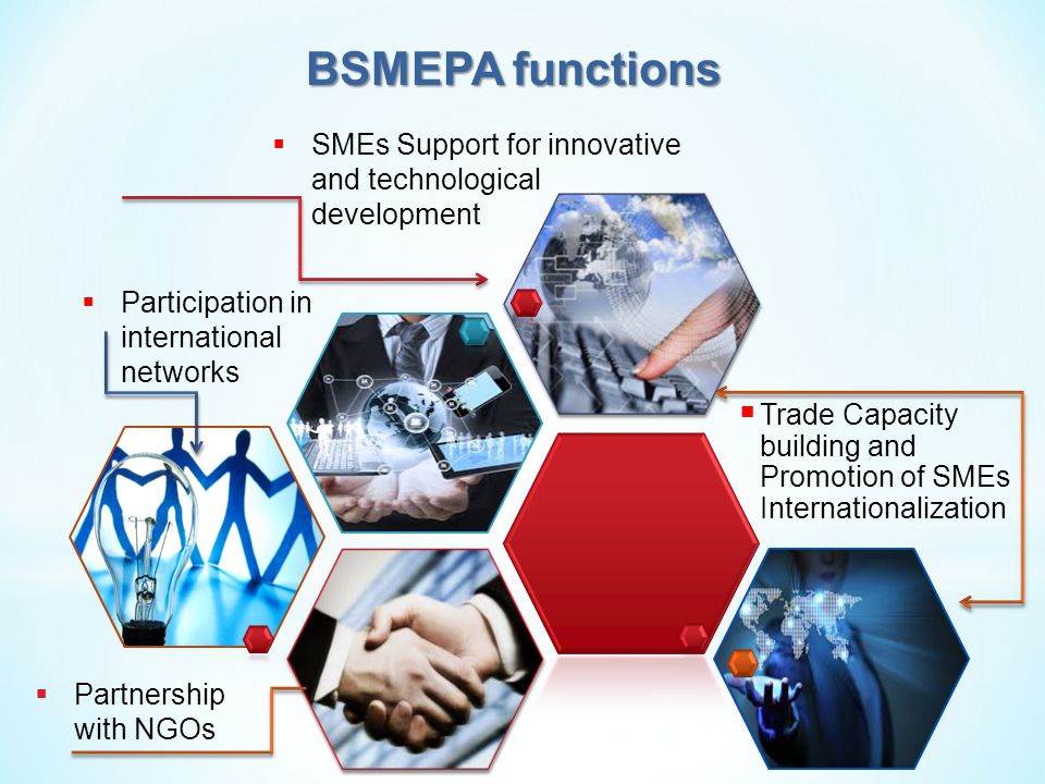 BSMEPA functions  Trade Capacity building and Promotion of SMEs Internationalization  Partnership with NGOs  Participation in international networks  SMEs Support for innovative and technological development