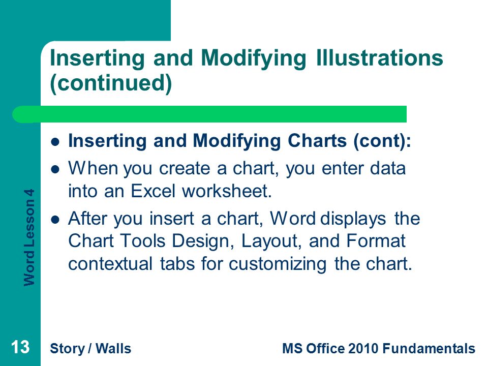 Word Lesson 4 Story / WallsMS Office 2010 Fundamentals 13 Inserting and Modifying Illustrations (continued) Inserting and Modifying Charts (cont): When you create a chart, you enter data into an Excel worksheet.