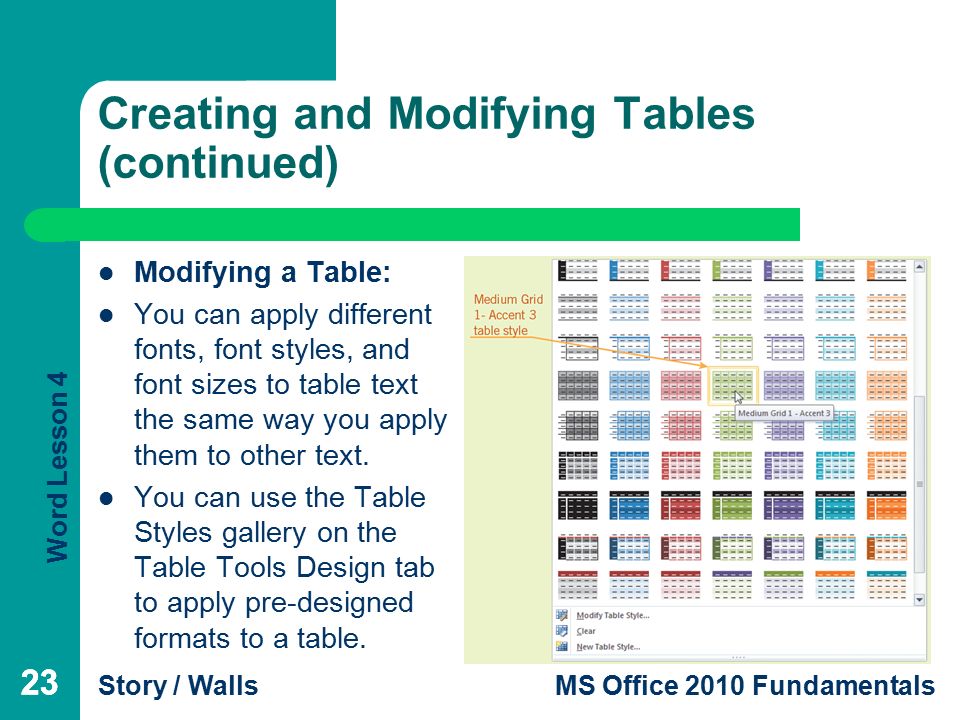 Word Lesson 4 Story / WallsMS Office 2010 Fundamentals 23 Creating and Modifying Tables (continued) Modifying a Table: You can apply different fonts, font styles, and font sizes to table text the same way you apply them to other text.