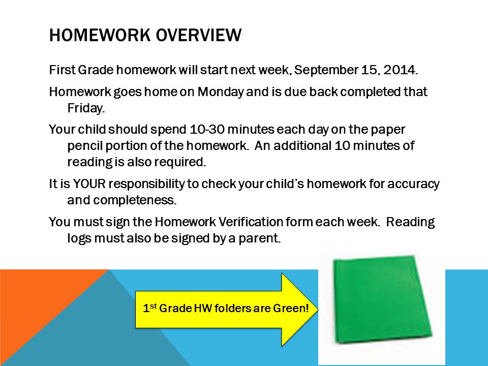 HOMEWORK OVERVIEW First Grade homework will start next week, September 15, 2014.