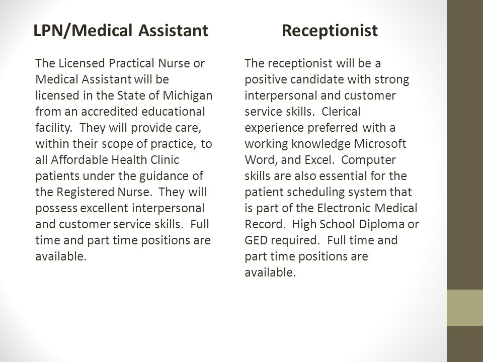 LPN/Medical Assistant The Licensed Practical Nurse or Medical Assistant will be licensed in the State of Michigan from an accredited educational facility.