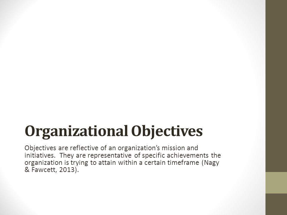 Organizational Objectives Objectives are reflective of an organization’s mission and initiatives.